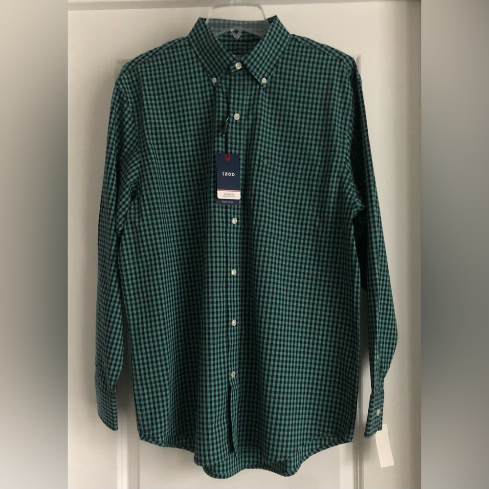 Izod Checked Dress Shirt-Beryl Green and Navy-Medium